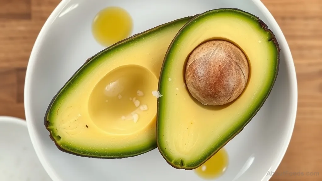 Close-up of a sliced avocado on a plate with olive oil drizzle