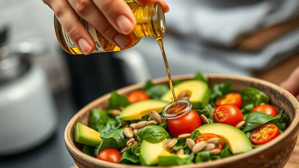 Drizzling olive oil on a salad with avocado and seeds