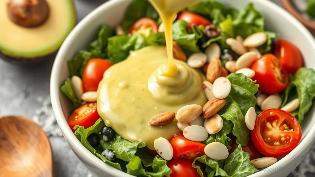 Creamy avocado dressing being poured over a fresh salad with nuts
