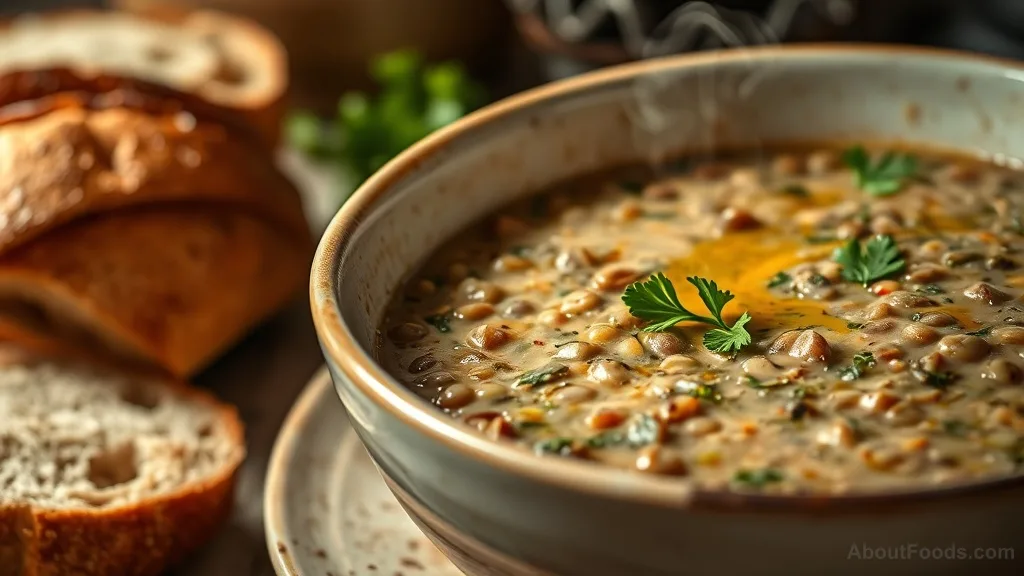 A bowl of lentil soup with parsley and olive oil, served with whole grain bread.