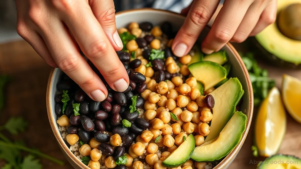 Hands preparing a plant-based iron-rich quinoa bowl with various vegetables and legumes