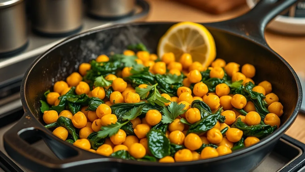 Chickpeas and spinach cooking in a cast-iron skillet with lemon and cilantro garnish