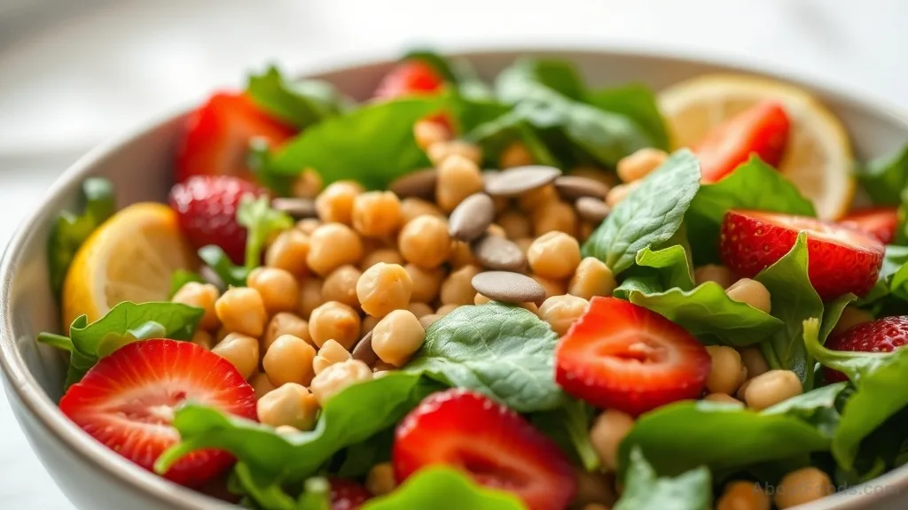 Spinach salad with chickpeas, strawberries, and pumpkin seeds for iron and vitamin C