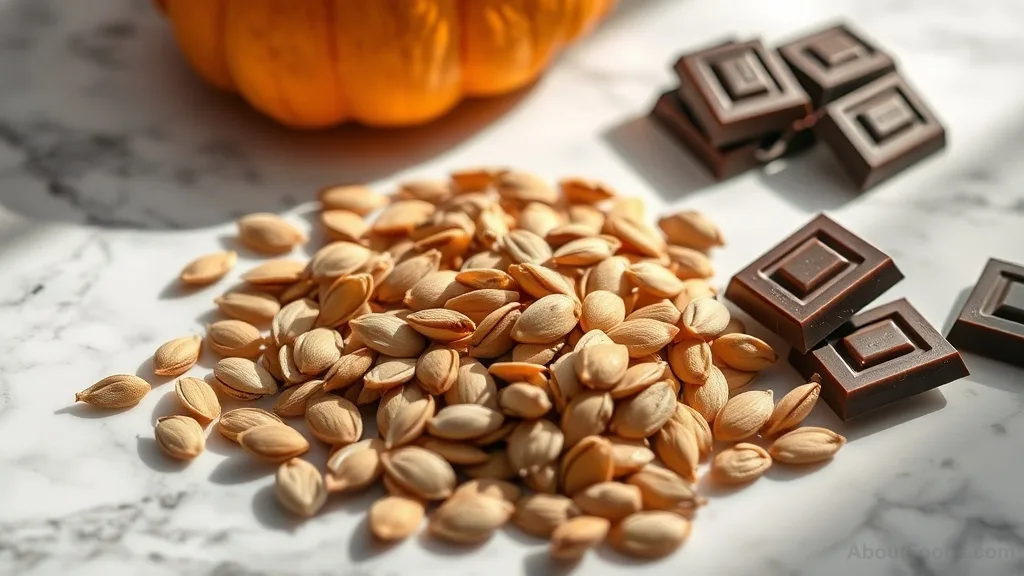 Raw pumpkin seeds and dark chocolate pieces on marble