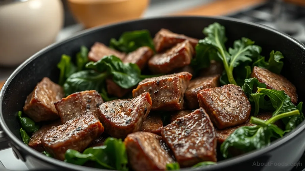Seared beef with spinach and kale in a cast iron skillet
