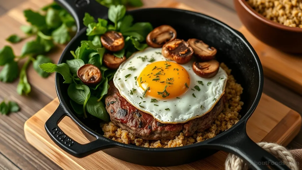 Iron-rich meal of beef burger with fried egg and spinach quinoa