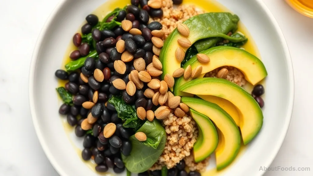 Quinoa bowl with black beans, spinach, avocado, and pumpkin seeds - a complete magnesium-rich meal
