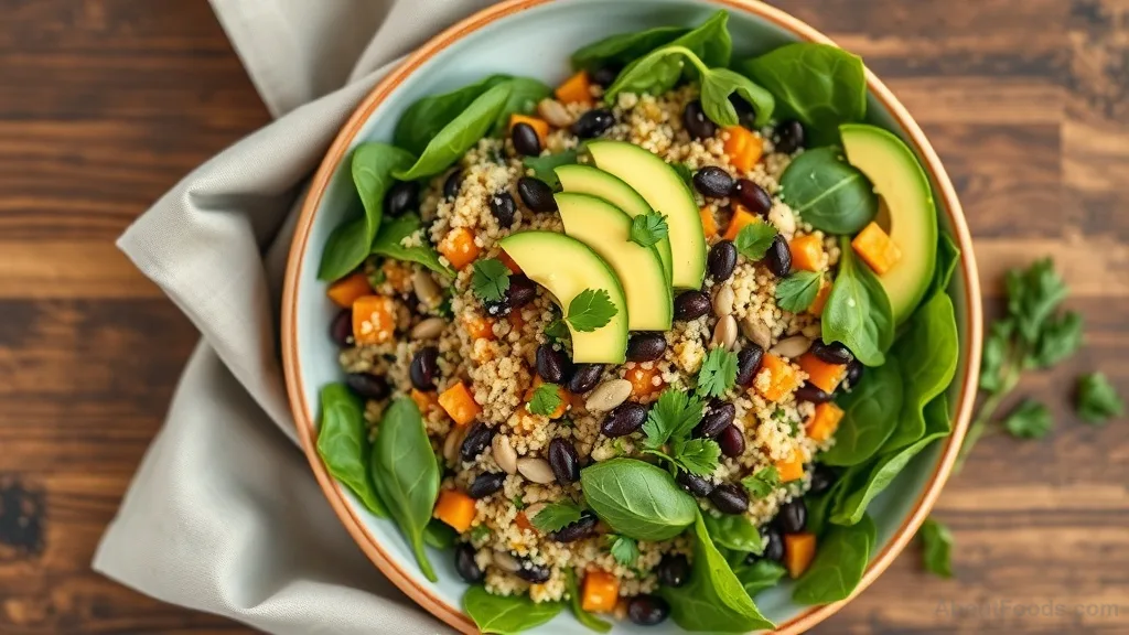 A colorful quinoa salad bowl packed with magnesium-rich ingredients like spinach, black beans, pumpkin seeds, and avocado.