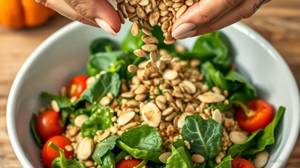 Adding pumpkin seeds to a fresh spinach and quinoa salad