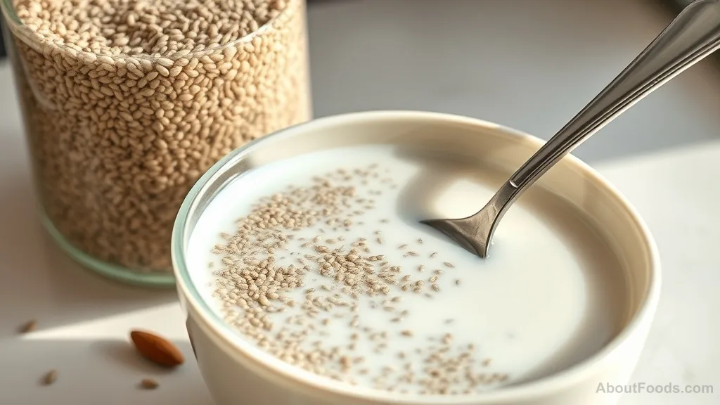 A bowl of chia seeds soaking in almond milk with a spoon, and a jar of flaxseeds beside it.