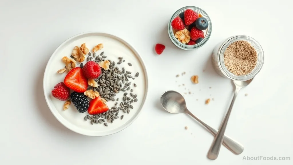 Greek yogurt bowl topped with chia seeds, walnuts, and berries, with flaxseed meal jar nearby