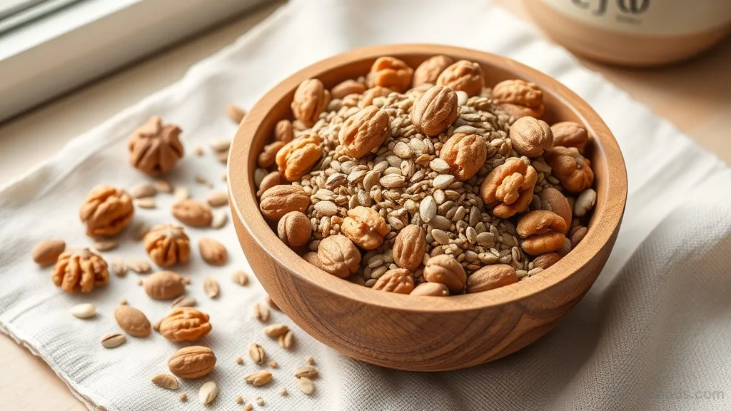 A bowl of walnuts, flaxseeds, chia seeds, and hemp hearts on a kitchen towel.