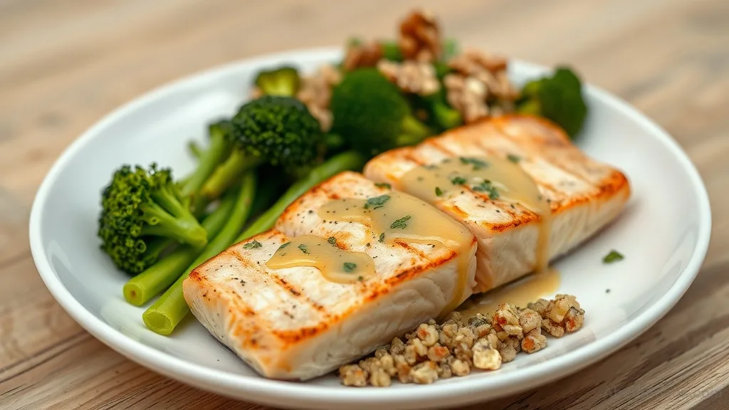 Plated grilled salmon with broccoli and quinoa walnut salad