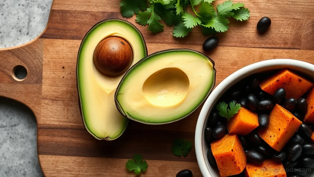 Sliced avocado, black beans, and roasted sweet potatoes arranged for meal prep