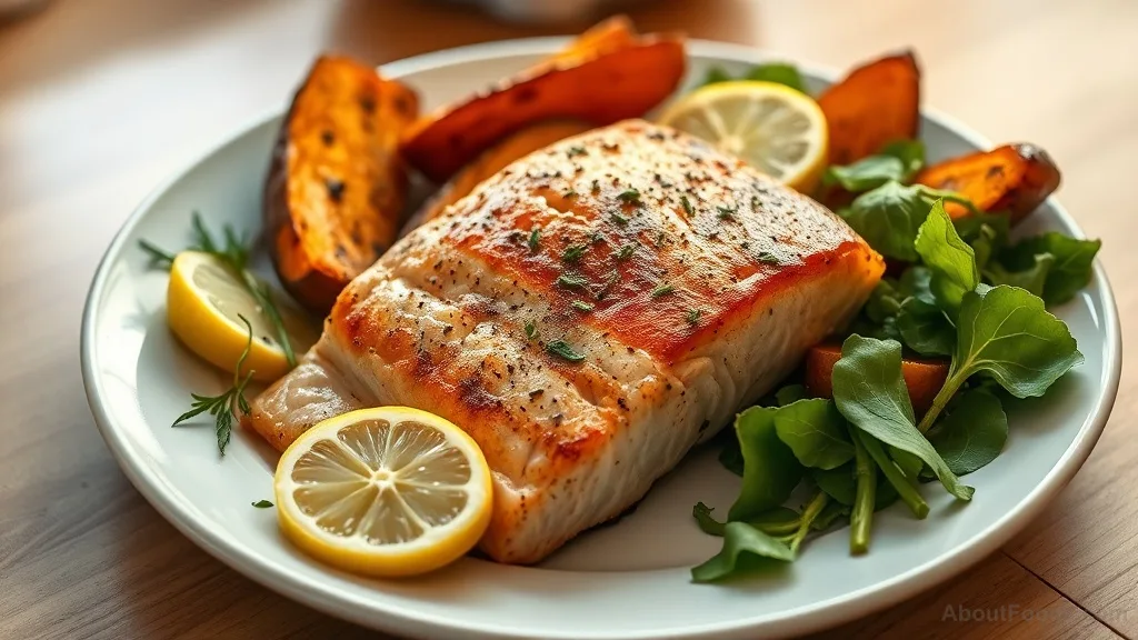 Grilled salmon fillet with roasted sweet potato and salad