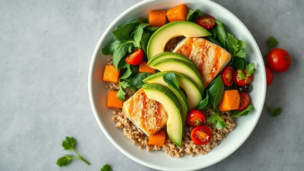 Mediterranean fusion bowl with salmon, sweet potatoes, avocado, and spinach