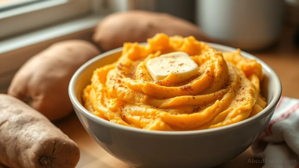 Bowl of mashed sweet potatoes with butter and cinnamon