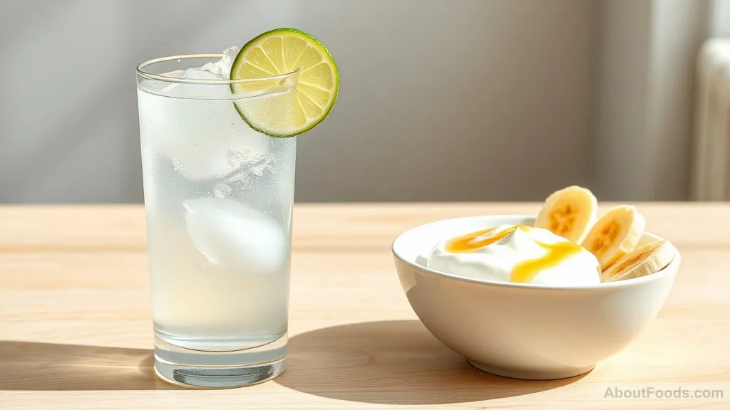 Glass of coconut water and bowl of Greek yogurt with banana and honey