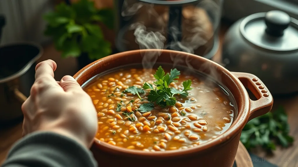 Hands preparing lentil soup in a clay pot with fresh herbs