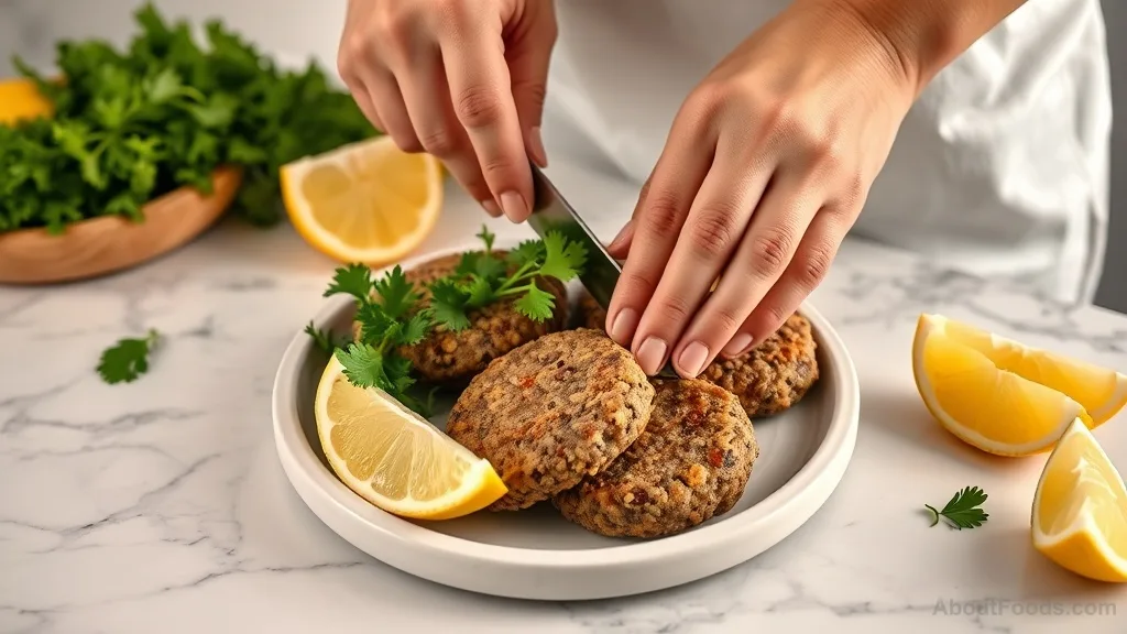 Hands shaping lentil patties with parsley and lemon on a kitchen counter