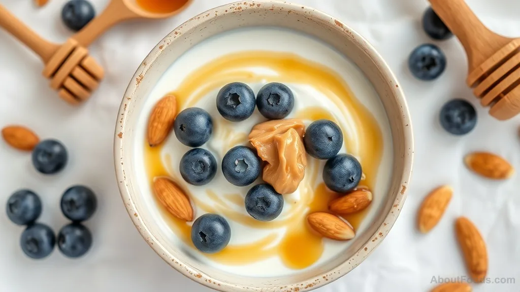 A Greek yogurt bowl topped with blueberries, almonds, and honey.