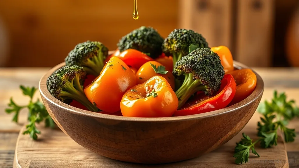 Roasted bell peppers and broccoli in a serving bowl