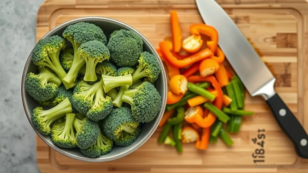 Broccoli and bell peppers prepared for cooking on a cutting board