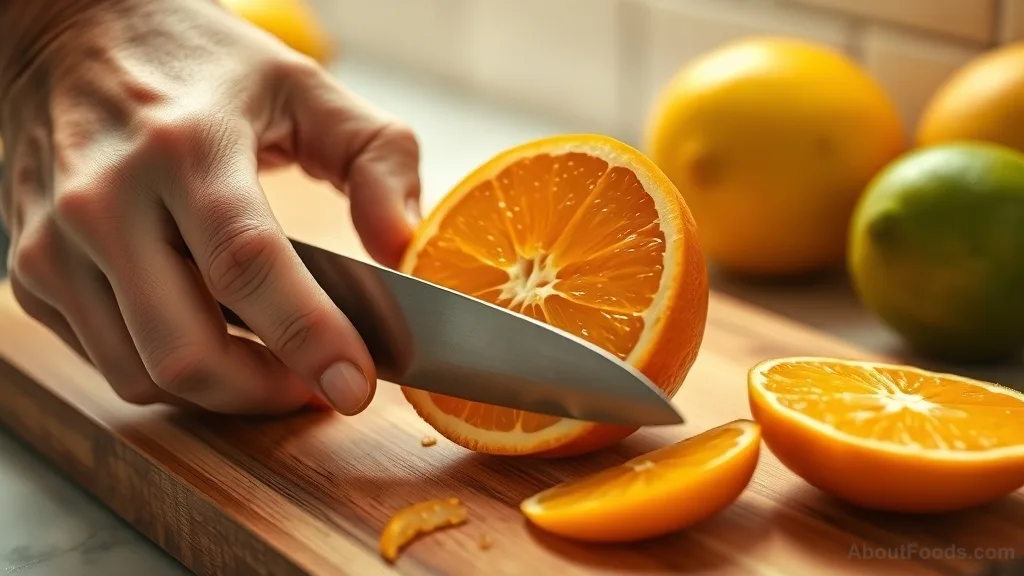 Hands slicing an orange on a cutting board with other citrus fruits nearby
