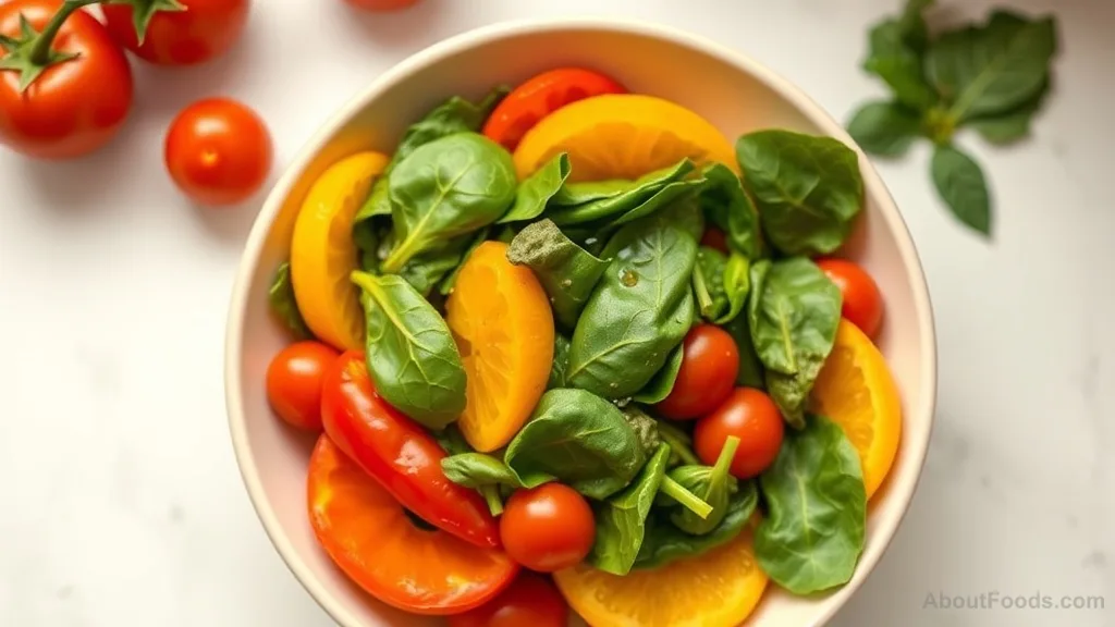 Fresh salad with bell peppers, oranges, spinach, and tomatoes in a bowl