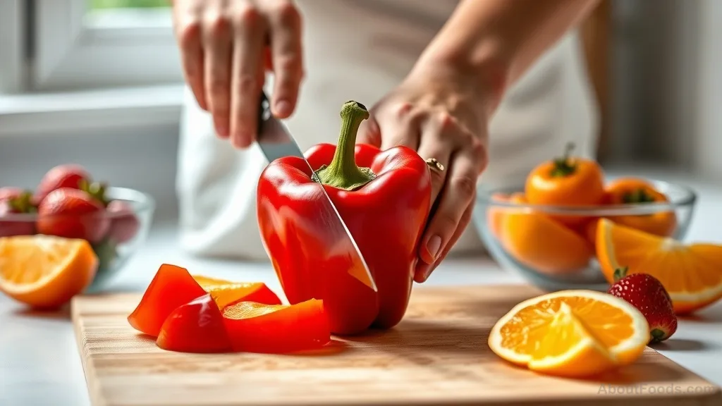 Hands slicing a red bell pepper, strawberries and oranges in background.