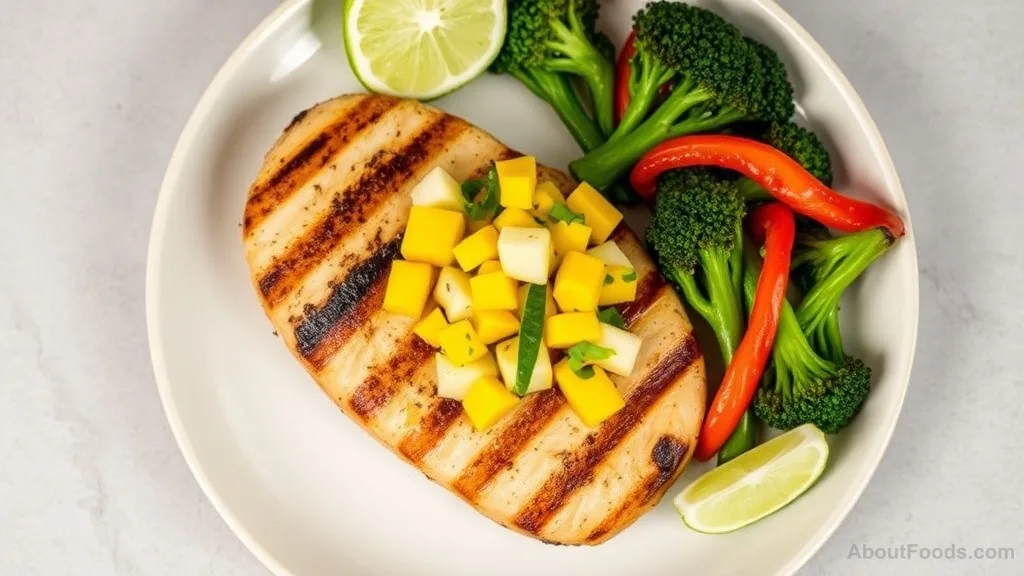 Grilled chicken breast with mango salsa, roasted broccoli, and bell pepper strips on a white plate.