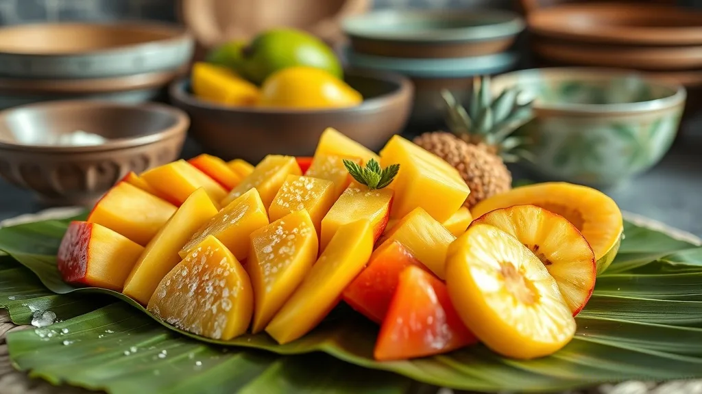 Traditional Filipino fruit platter with mango, pineapple, guava, and calamansi on banana leaf