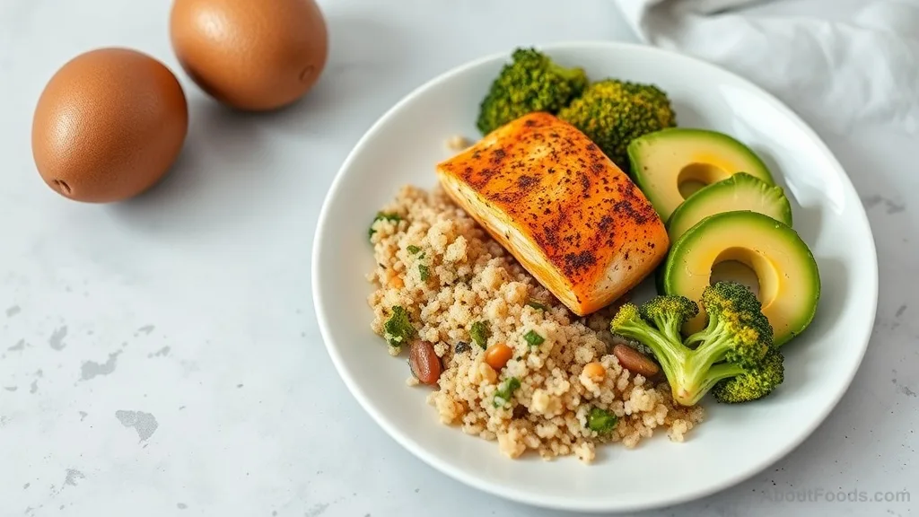 A balanced lunch plate with protein, whole grains, and vegetables