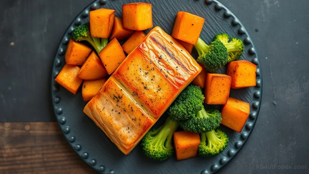 Balanced meal plate with salmon, sweet potatoes, and broccoli