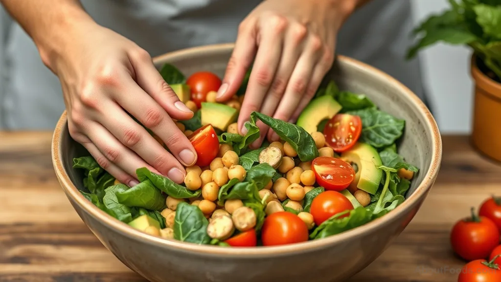 Hands preparing a vibrant salad with greens, chickpeas, and avocado in a bowl.