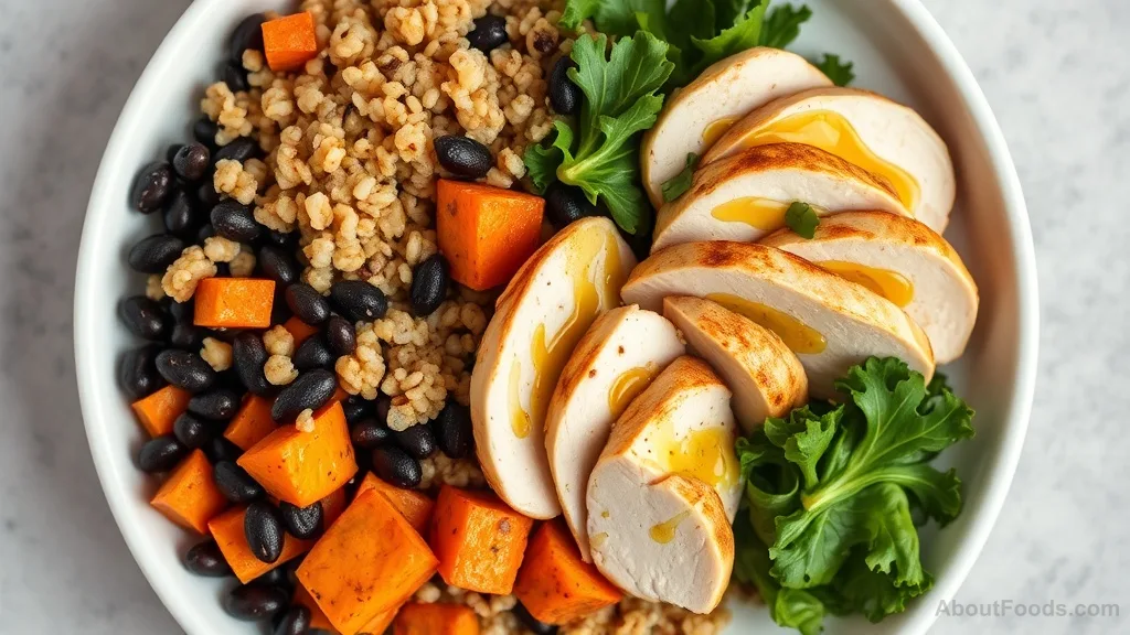 A nourishing grain bowl with quinoa, black beans, sweet potatoes, kale, and chicken