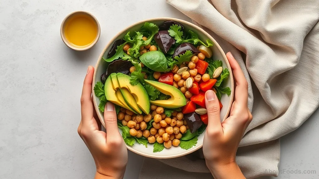 Hands preparing a vibrant salad with legumes, healthy fats, and seeds