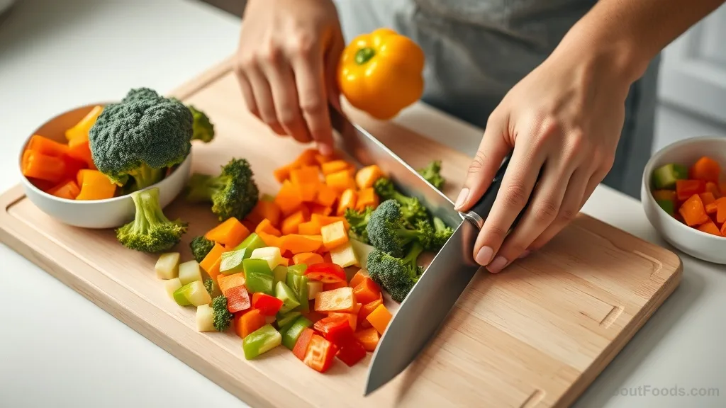 Hands chopping colorful fresh vegetables for a high-fiber meal prep