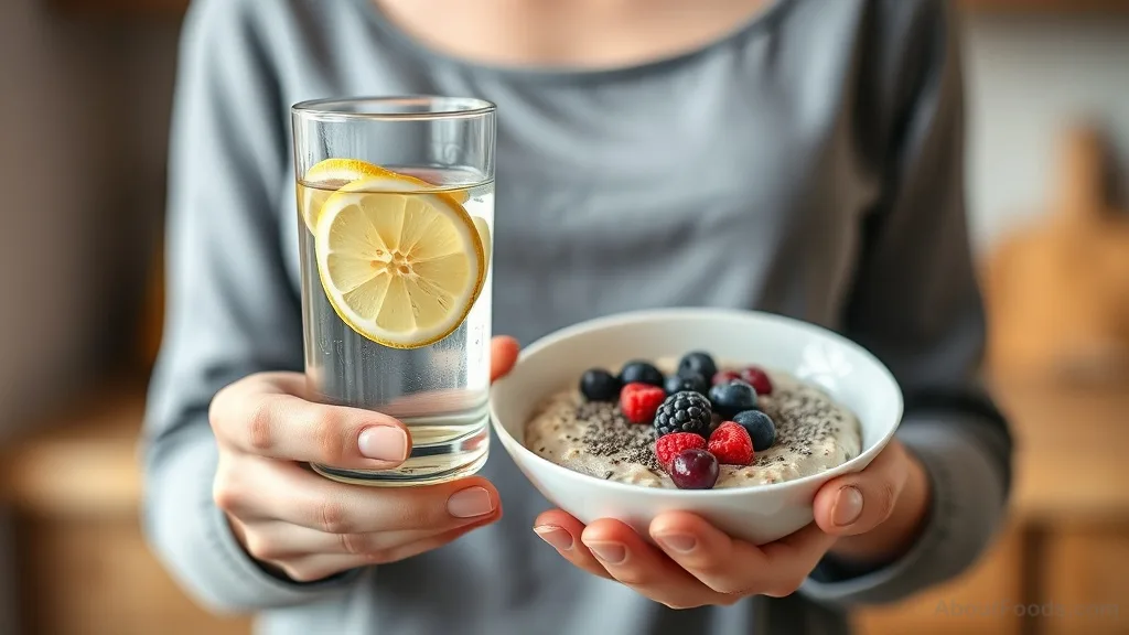 Hands holding a glass of water with lemon and a bowl of overnight oats with chia seeds