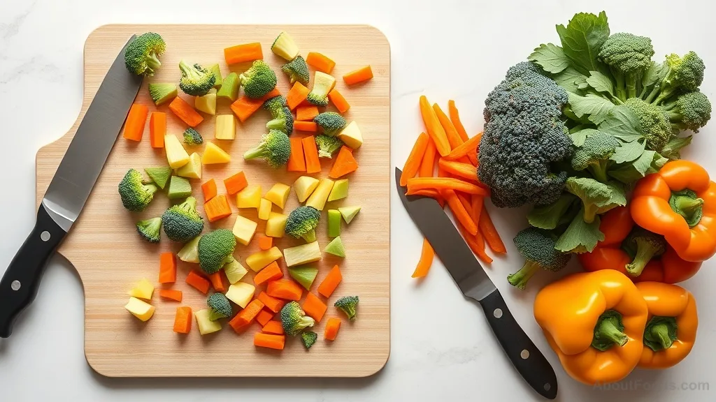 Chopped fresh vegetables ready for meal preparation on a kitchen counter