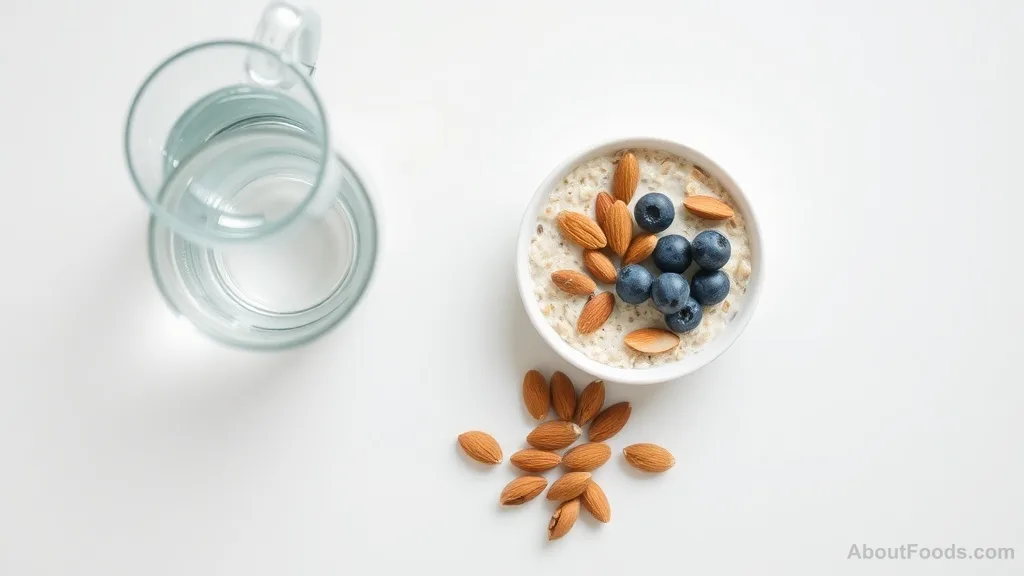 Glass of water and bowl of overnight oats with almonds and blueberries on a kitchen counter