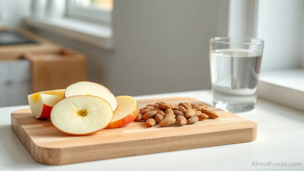 Apple slices and almonds on a cutting board, examples of fiber-rich snacks