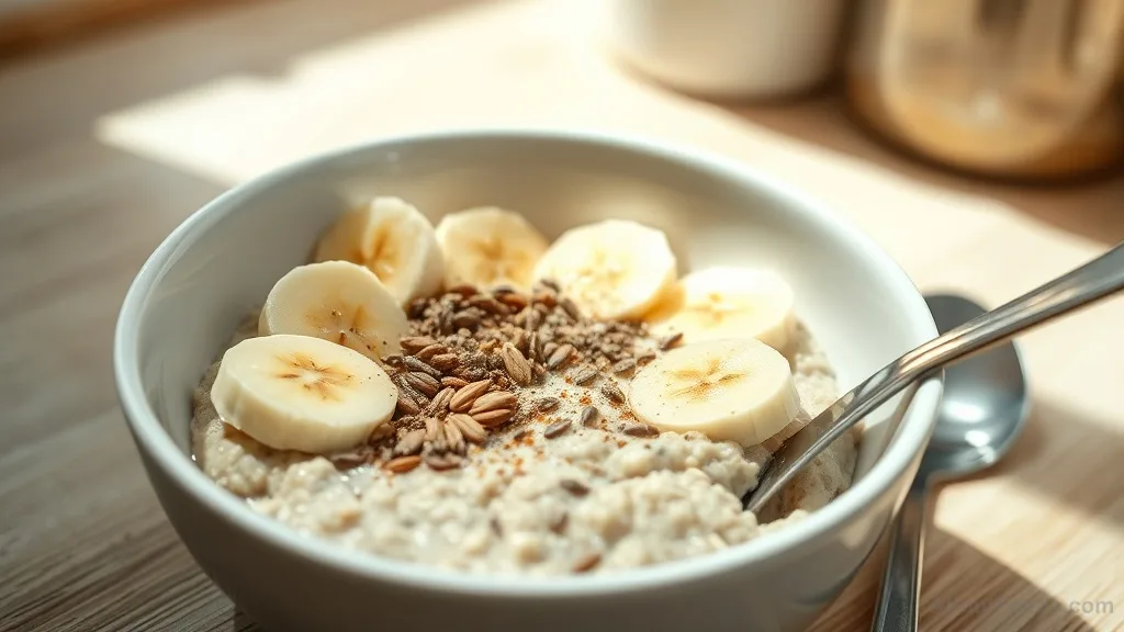Bowl of oatmeal with banana, chia, and flaxseeds