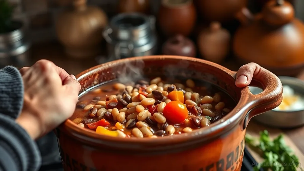Hands preparing a traditional bean stew in an earthenware pot