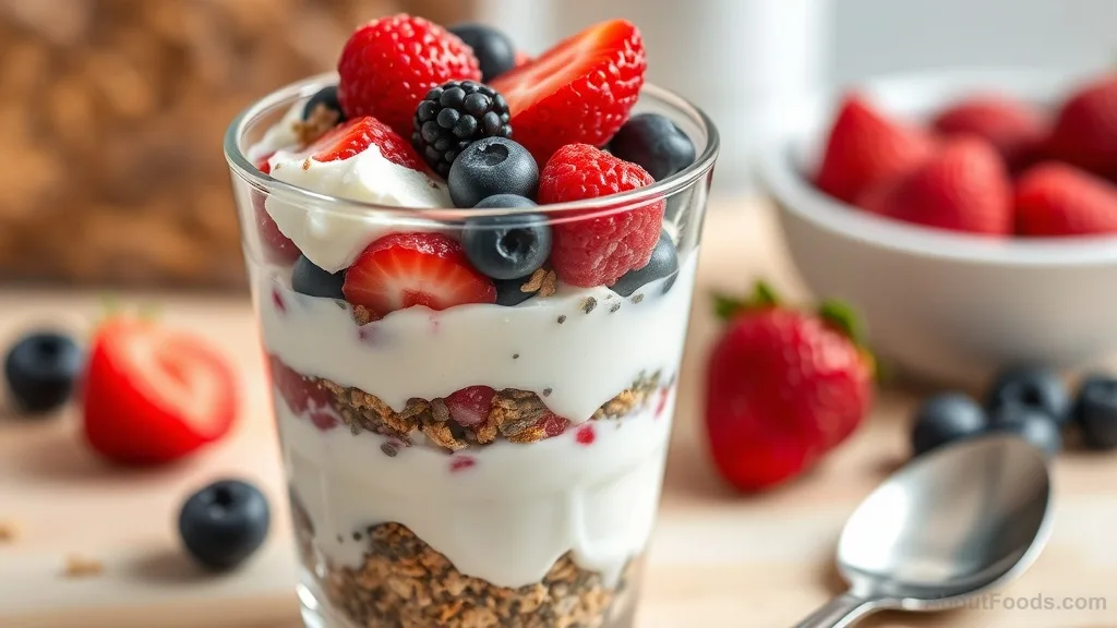Greek yogurt parfait with berries, chia seeds, and granola