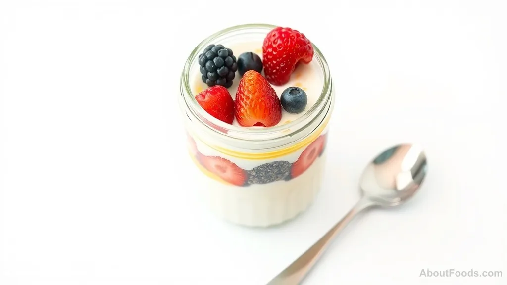 A layered yogurt parfait with berries and chia seeds