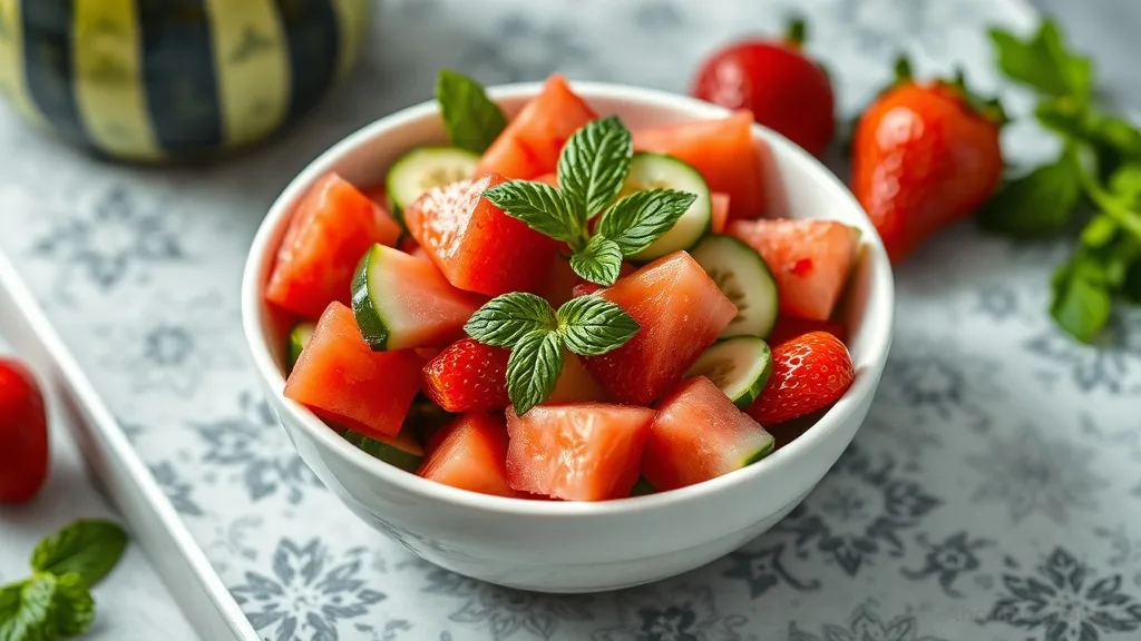 A fresh fruit salad with watermelon, cucumber, and strawberries