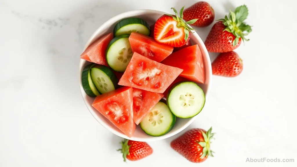 Bowl of watermelon, cucumber, and strawberries