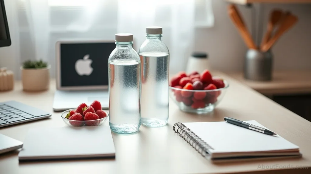 Water bottle and healthy snacks on a work desk