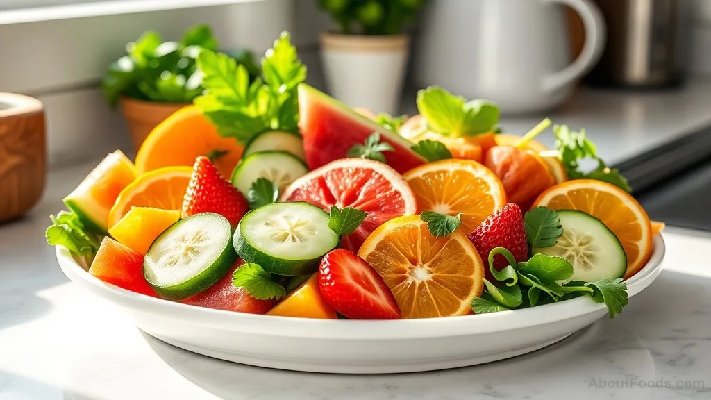 Assorted water-rich fruits and vegetables on a plate